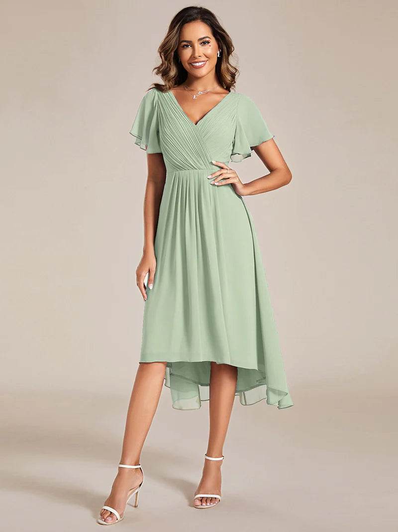 Elegant Pleated Chiffon Wedding Guest Dress with Ruffle Details - Biamonde